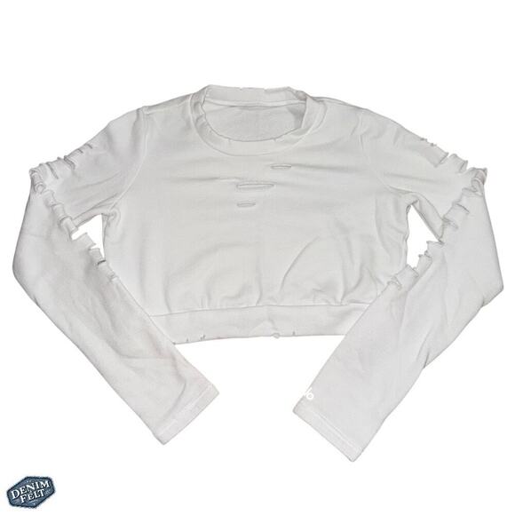 Alo Yoga Shredded Long Sleeve White Crop Top Crewneck Sweatshirt Distressed - Picture 8 of 11